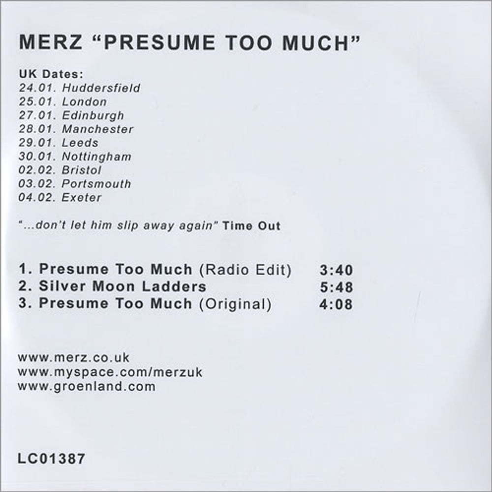 Merz Presume Too Much UK Promo CD-R acetate CD-R ACETATE