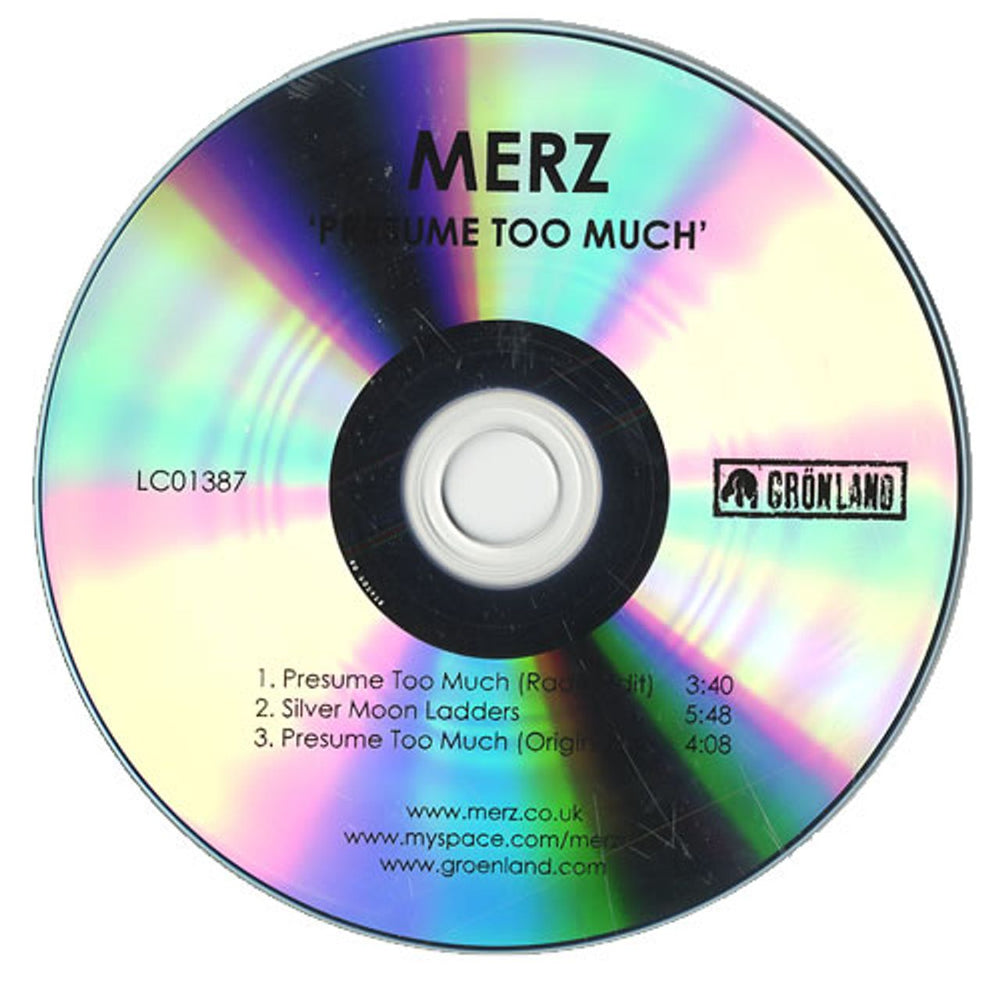 Merz Presume Too Much UK Promo CD-R acetate MEZCRPR470065