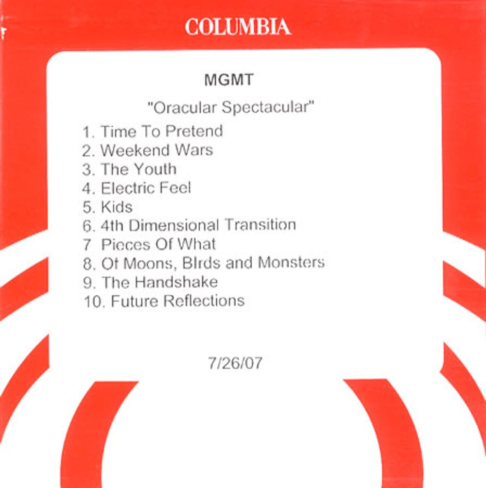 MGMT Oracular Spectacular US Promo CD-R acetate CDR ACETATE