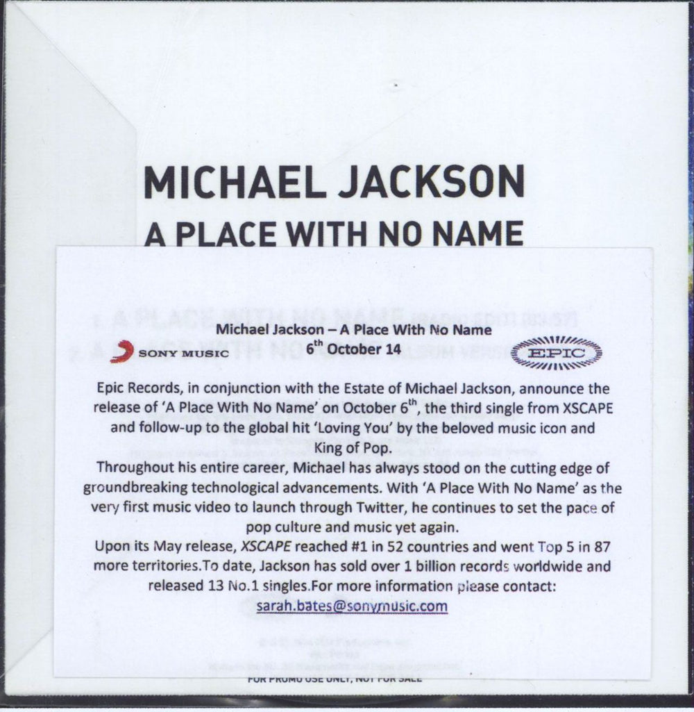 Michael Jackson A Place With No Name UK Promo CD-R acetate