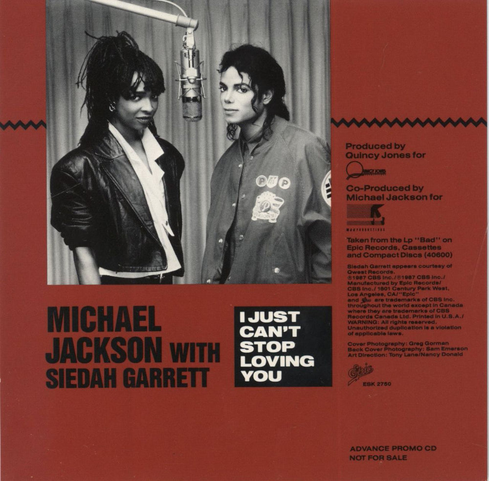 Michael Jackson I Just Can't Stop Loving You US Promo CD single (CD5 / 5")