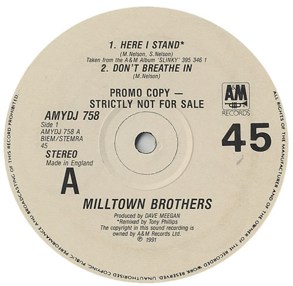 Milltown Brothers Here I Stand UK Promo 12" vinyl single (12 inch record / Maxi-single) AMYDJ758