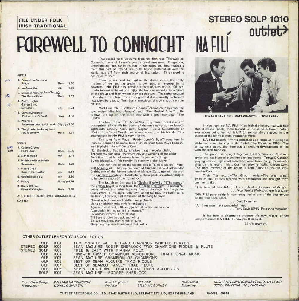 Na Filí Farewell To Connacht Irish vinyl LP album (LP record)