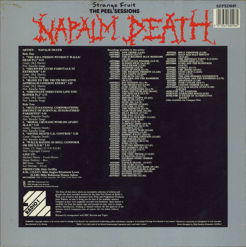 Napalm Death The Peel Sessions - VG UK 12" vinyl single (12 inch record / Maxi-single) 5017644604964