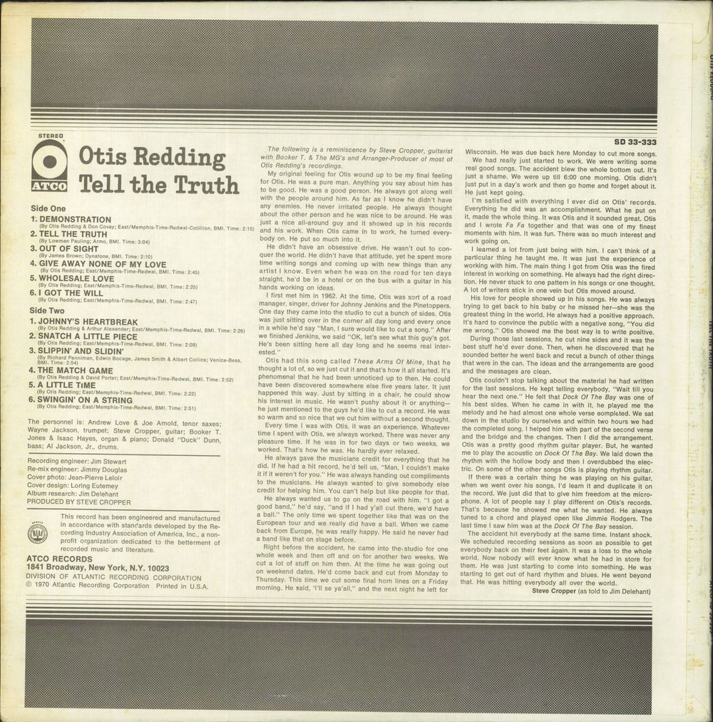 Otis Redding Tell The Truth US vinyl LP album (LP record)