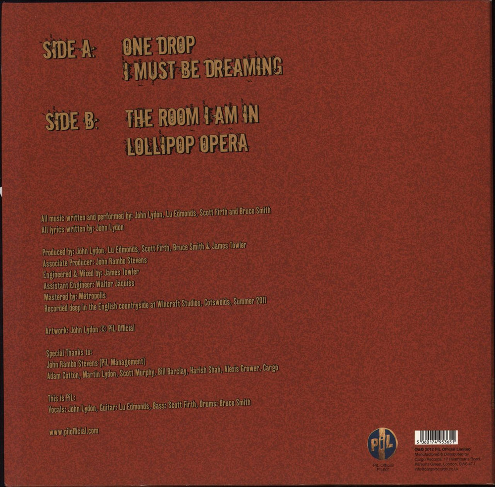 P.I.L. One Drop EP - Test Press + Withdrawn Sleeve UK 12" vinyl single (12 inch record / Maxi-single) PIL12ON778501