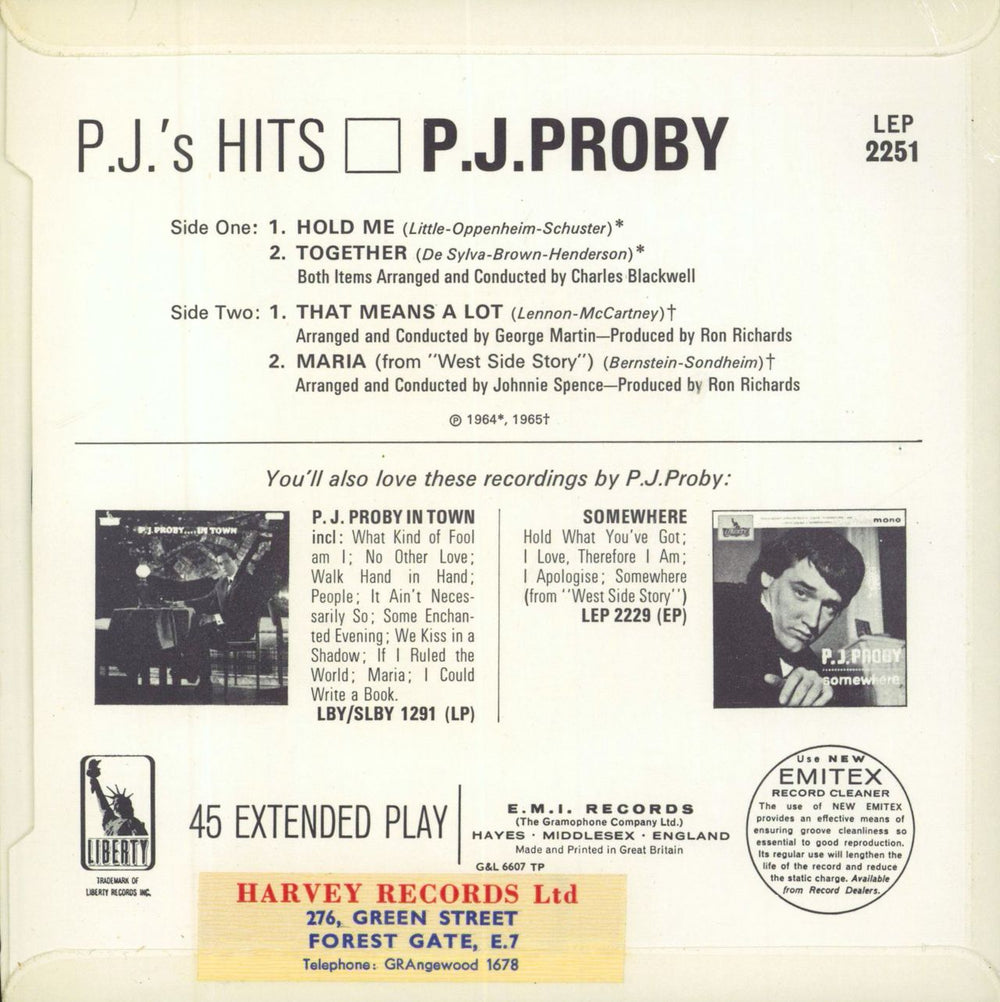 P. J. Proby P.J.'s Hits UK 7" vinyl single (7 inch record / 45)