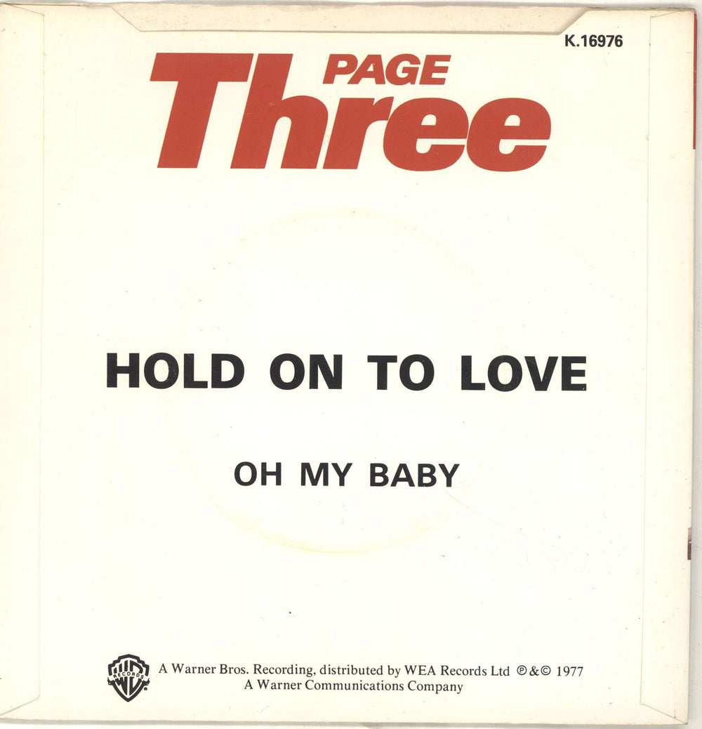 Page Three Hold On To Love + Sleeve UK 7" vinyl single (7 inch record / 45) P3G07HO694231