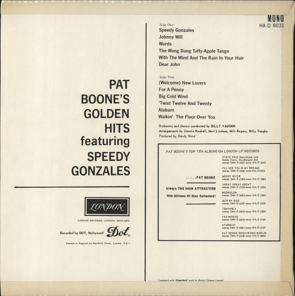 Pat Boone Pat Boone's Golden Hits featuring Speedy Gonzales UK vinyl LP album (LP record)