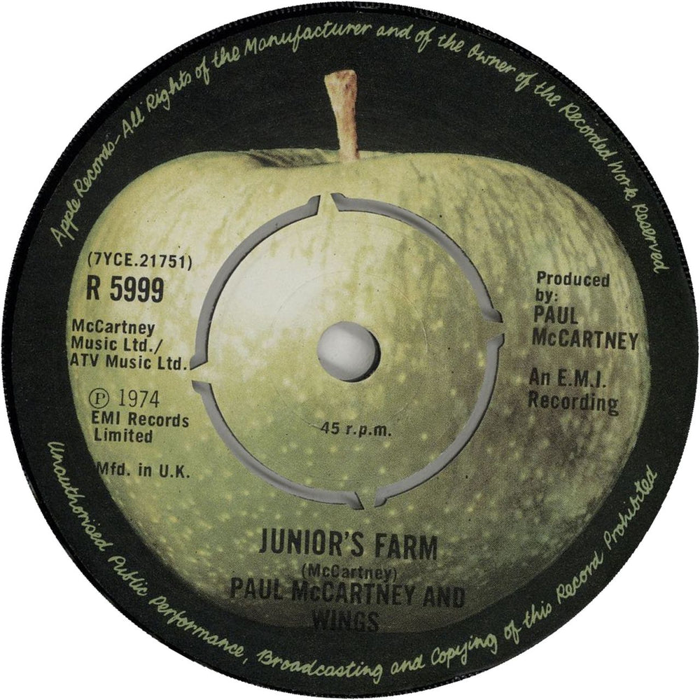 Paul McCartney and Wings Junior's Farm - 1st - 4-prong UK 7" vinyl single (7 inch record / 45) R5999