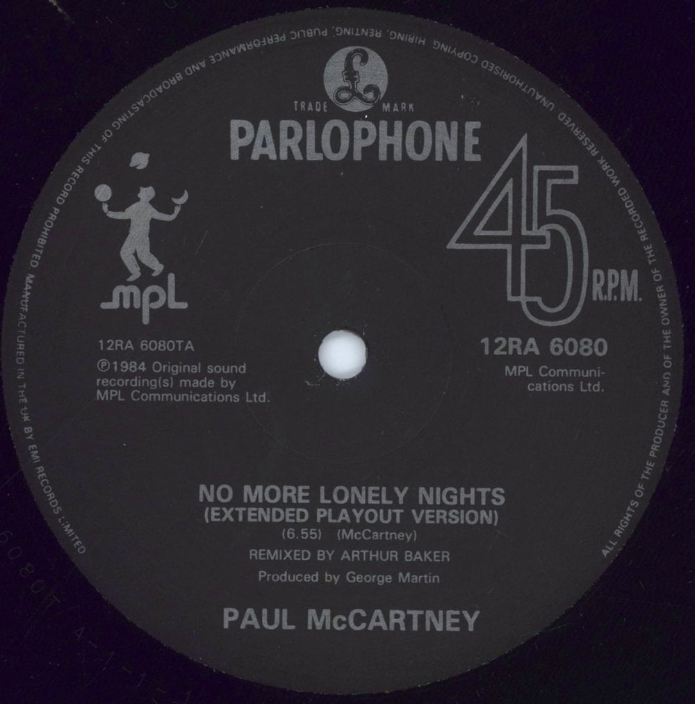 Paul McCartney and Wings No More Lonely Nights (Extended Playout Version) UK 12" vinyl single (12 inch record / Maxi-single) MCC12NO16041