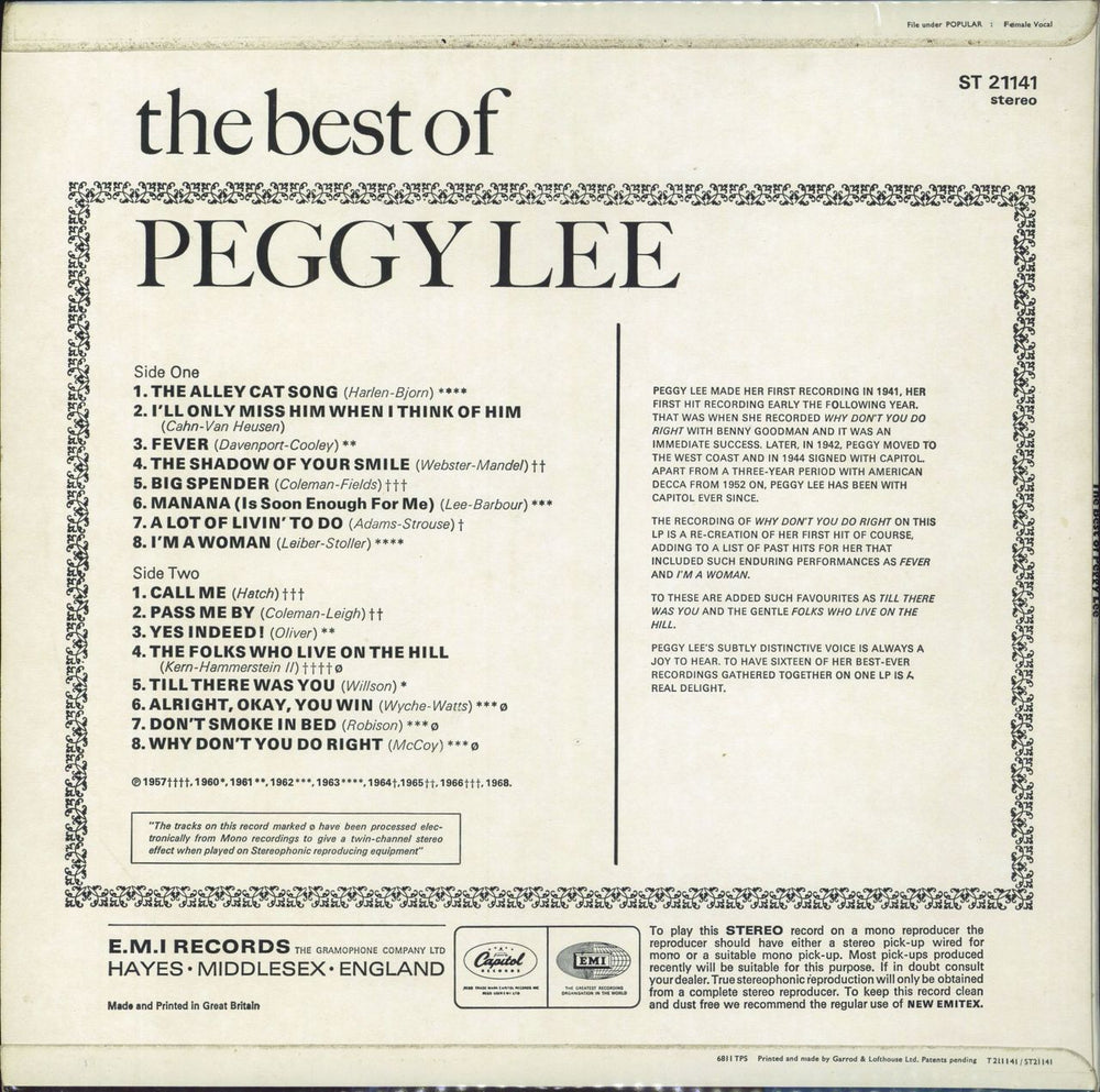 Peggy Lee The Best Of Peggy Lee - 2nd UK vinyl LP album (LP record)