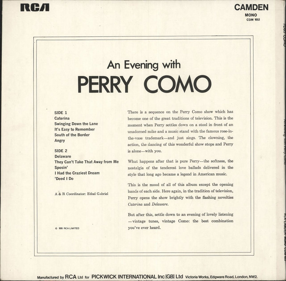 Perry Como An Evening With Perry Como UK vinyl LP album (LP record)