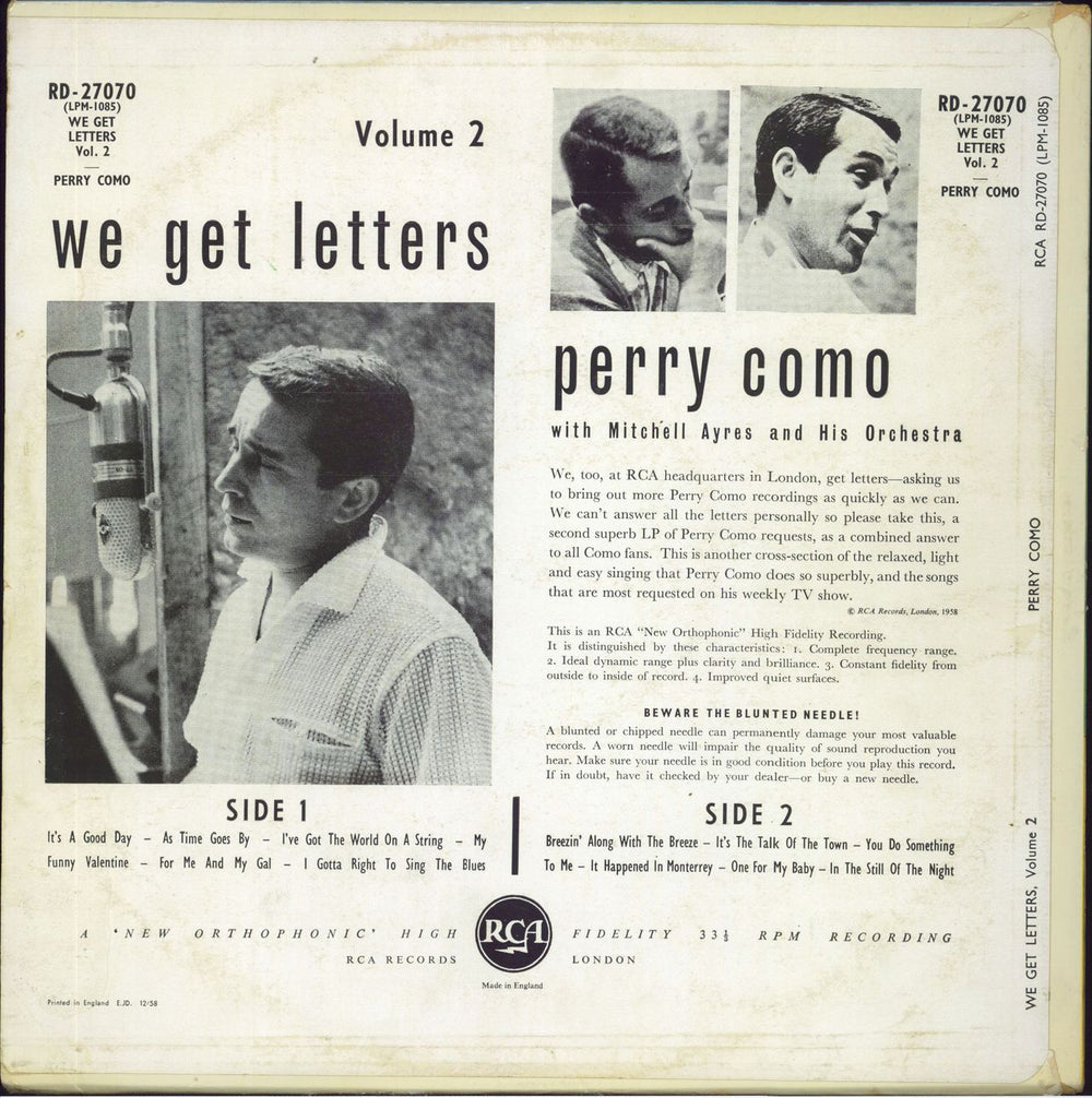 Perry Como We Get Letters Volume No 2 UK vinyl LP album (LP record)