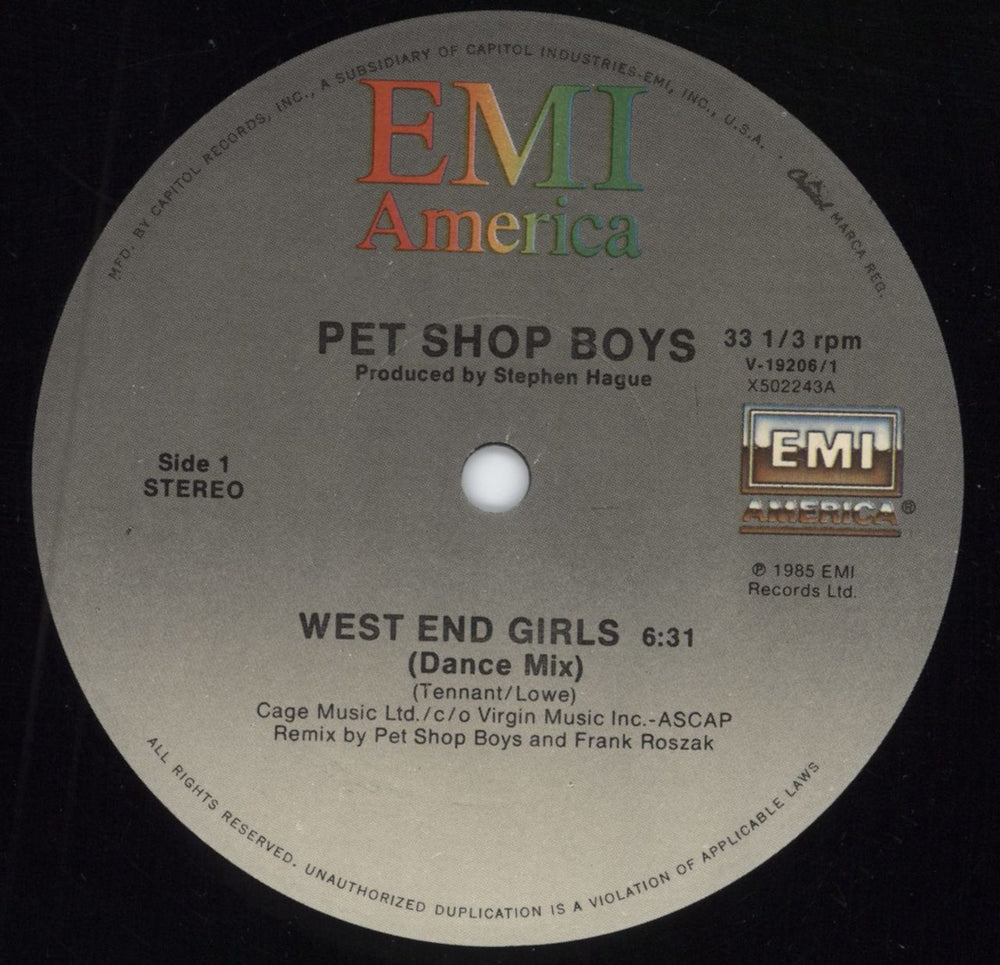 Pet Shop Boys West End Girls US 12" vinyl single (12 inch record / Maxi-single) V-19206