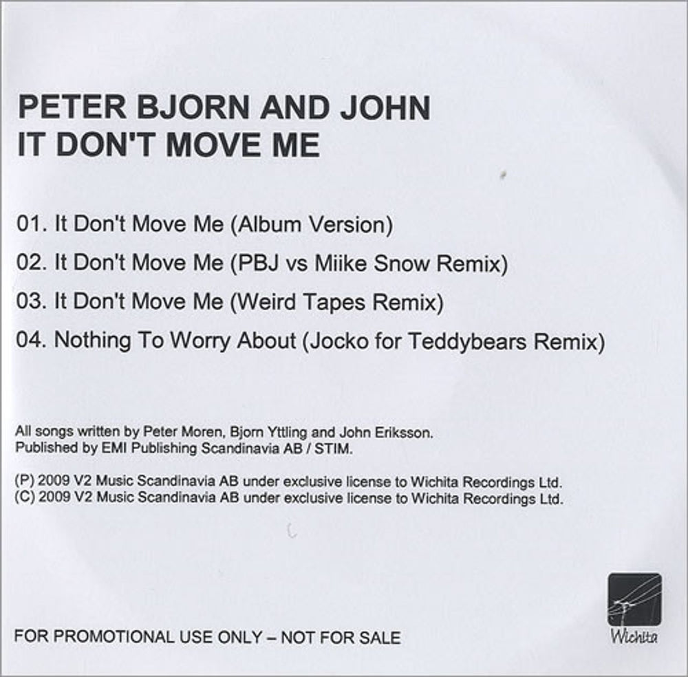 Peter Bjorn And John It Don't Move Me UK Promo CD-R acetate CD-R ACETATE