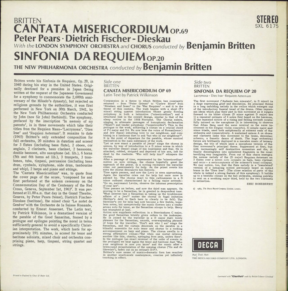 Peter Pears Britten: Cantata Misericordium / Sinfonia Da Requiem UK vinyl LP album (LP record)
