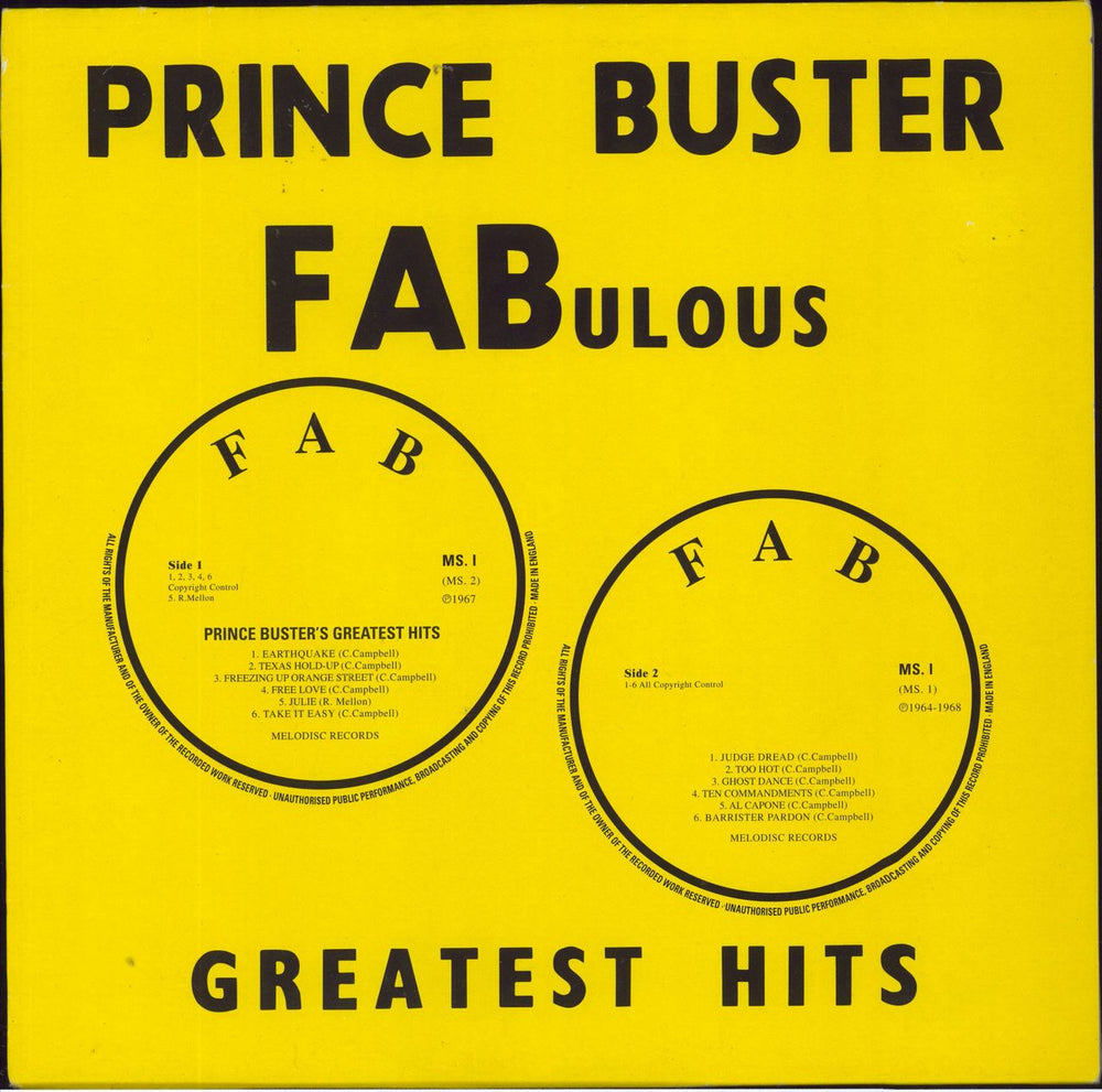 Prince Buster FABulous Greatest Hits UK vinyl LP album (LP record) TJALP071