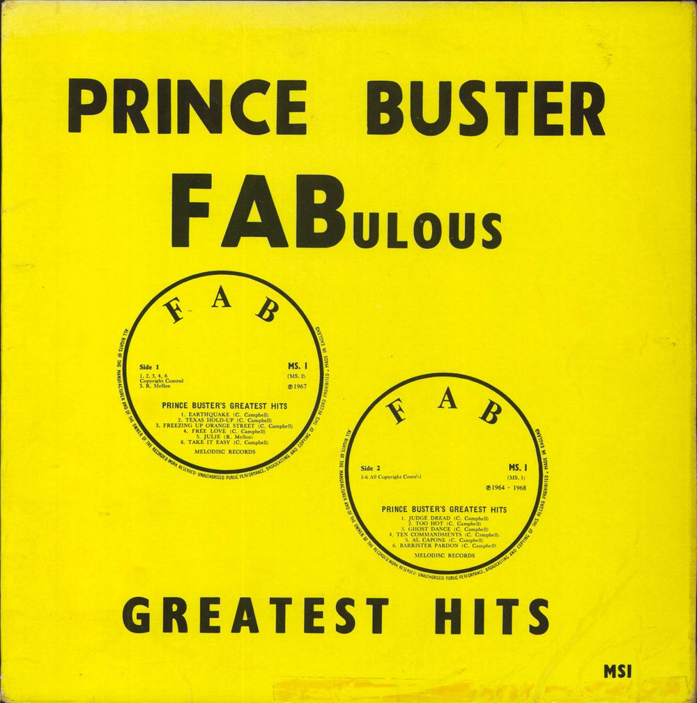 Prince Buster FABulous Greatest Hits - yellow label - VG UK vinyl LP album (LP record) MS1