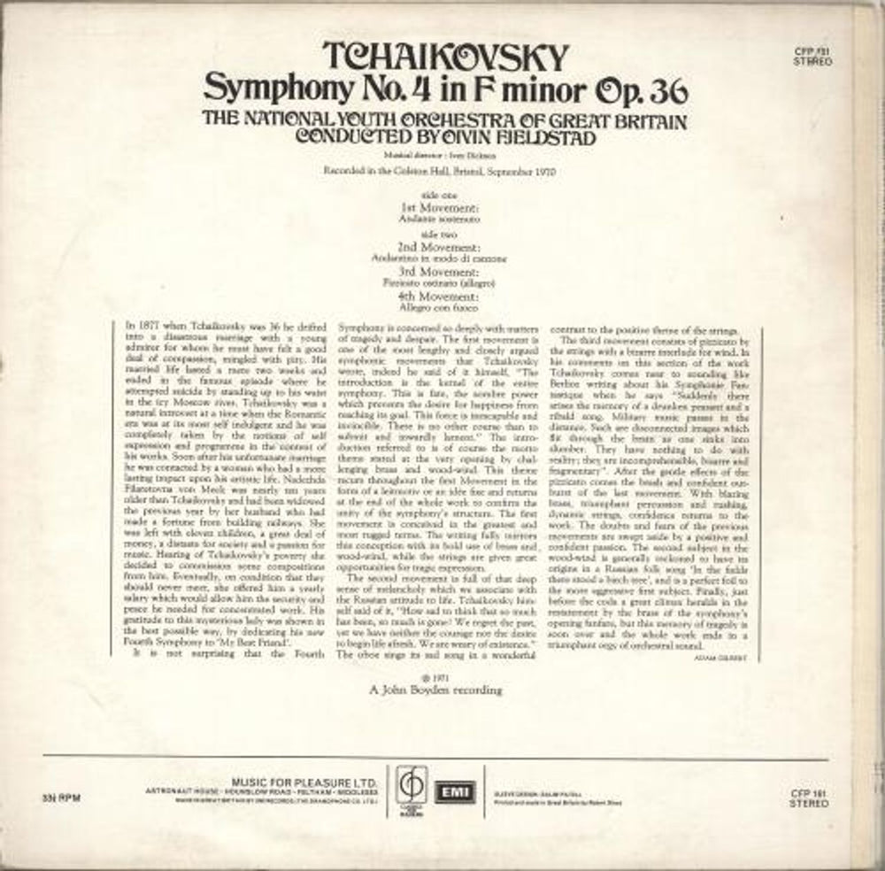 Pyotr Ilyich Tchaikovsky Symphony No. 4 UK vinyl LP album (LP record) T3NLPSY711412