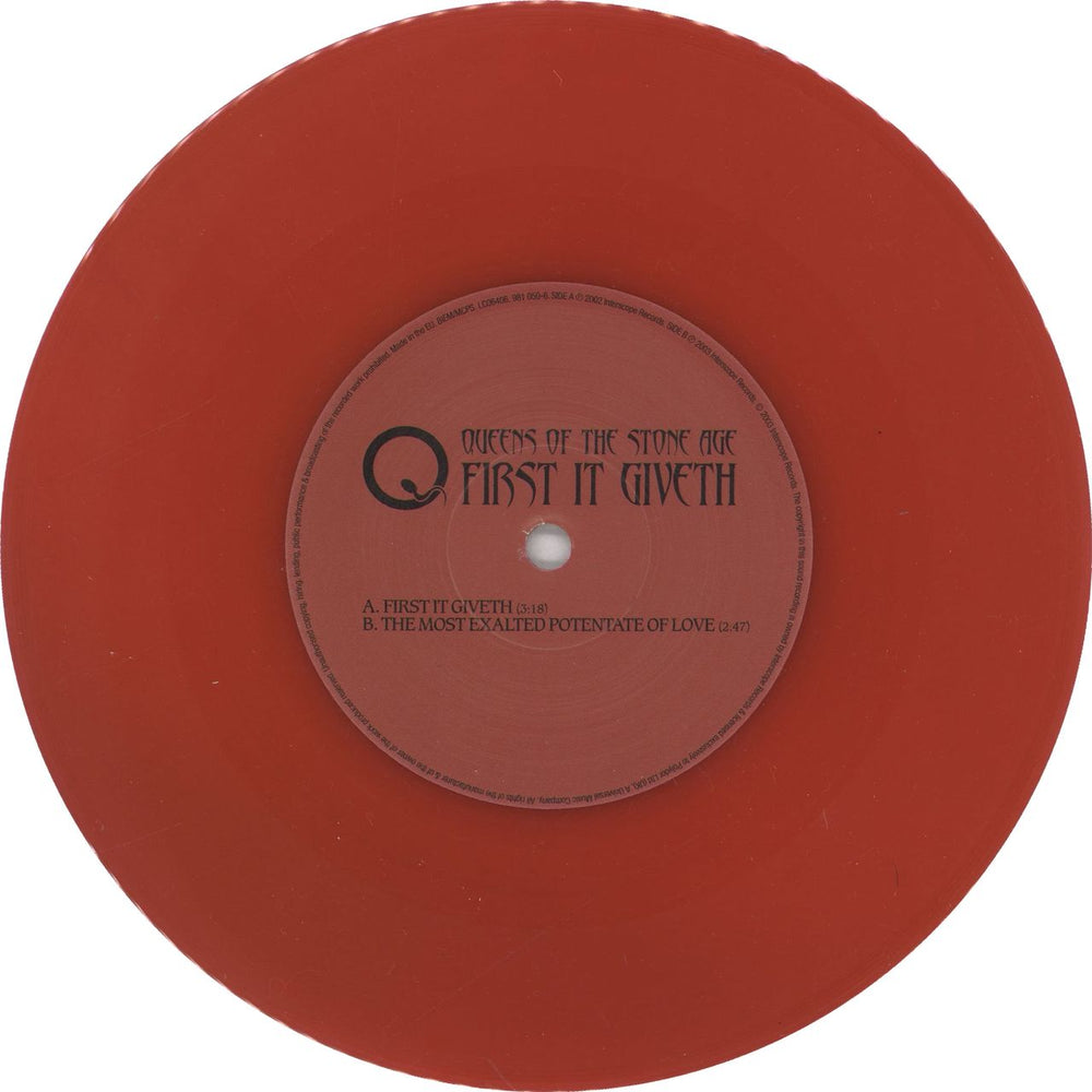 Queens Of The Stone Age First It Giveth - Red Vinyl UK 7" vinyl single (7 inch record / 45) QOS07FI255827