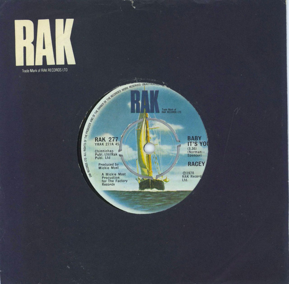 Racey Baby It's You - Promo Stickered UK Promo 7" vinyl single (7 inch record / 45) RAK277