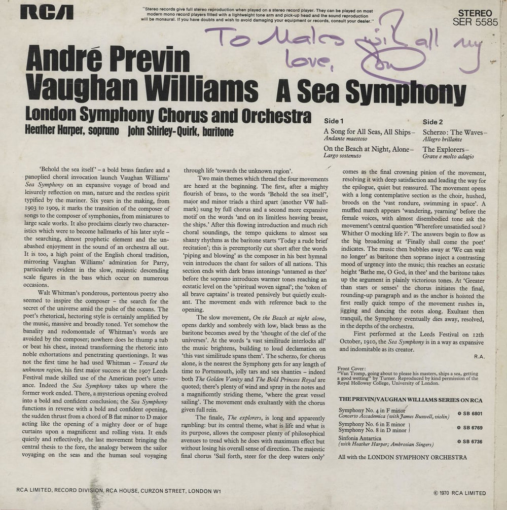 Ralph Vaughan Williams A Sea Symphony UK vinyl LP album (LP record)