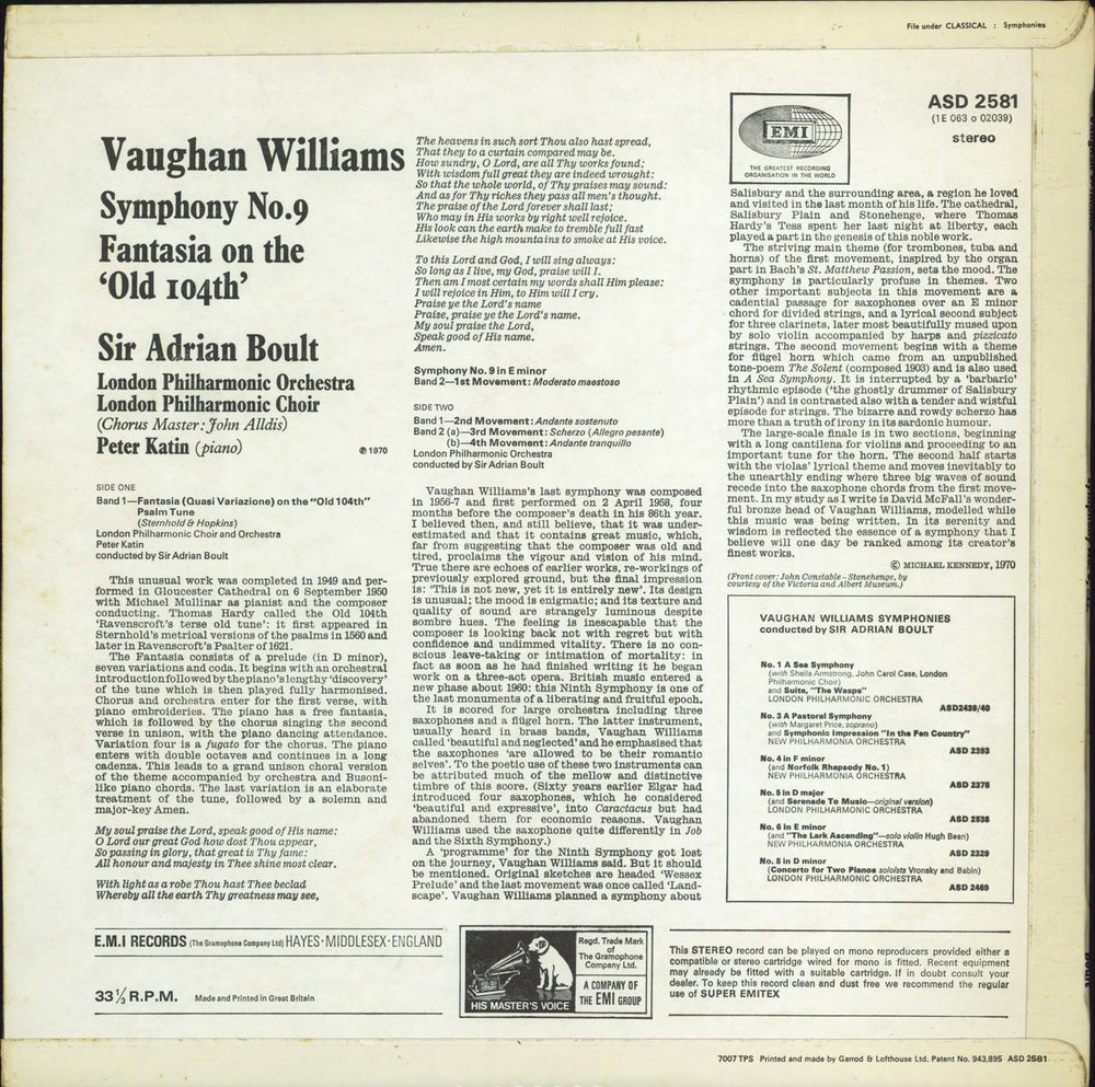 Ralph Vaughan Williams Symphony No. 9 / Fantasia On The 'Old 104th' UK vinyl LP album (LP record)