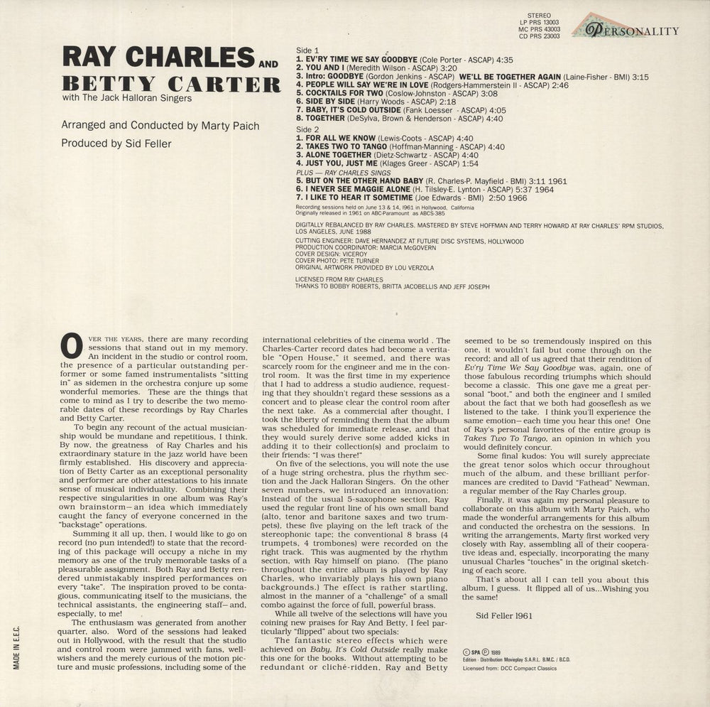 Ray Charles Ray Charles And Betty Carter UK vinyl LP album (LP record)