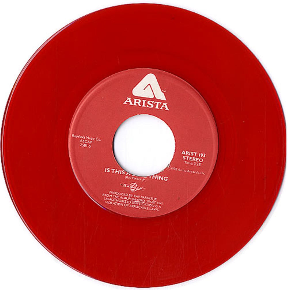 Raydio Is This A Love Thing - Red Vinyl - wide-centred UK 7" vinyl single (7 inch record / 45) RYI07IS610461