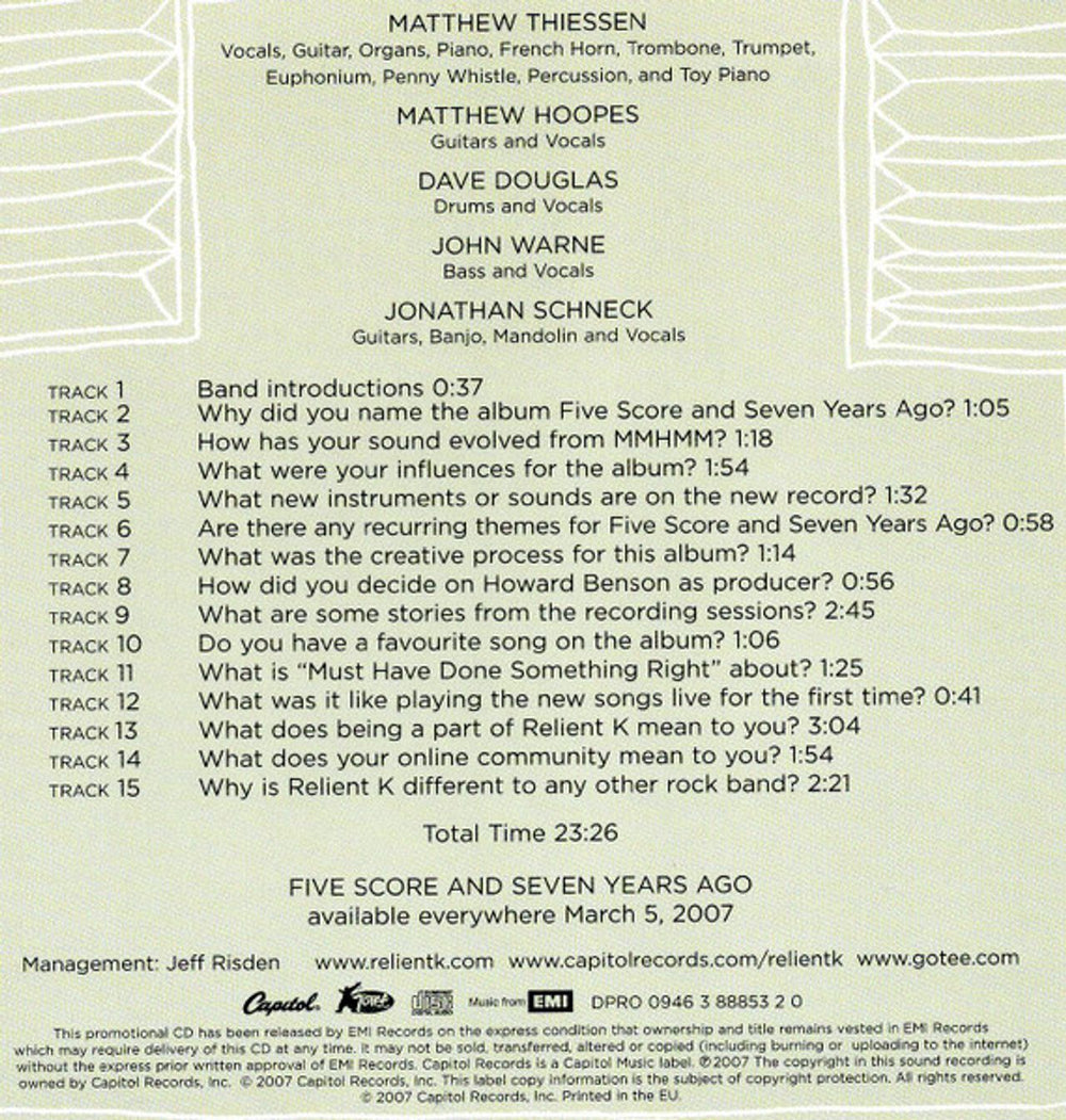 Relient K Interview Disc UK Promo CD album (CDLP) RJPCDIN496234