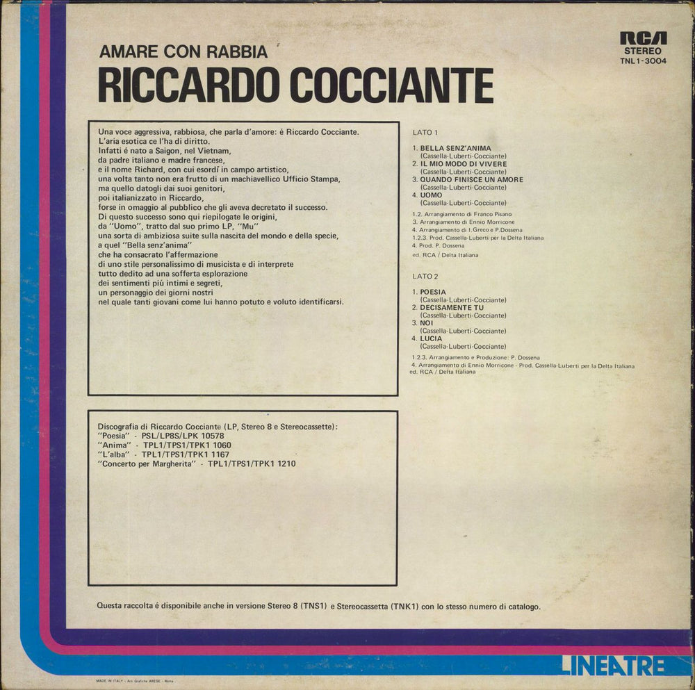 Riccardo Cocciante Amare Con Rabbia Italian vinyl LP album (LP record)