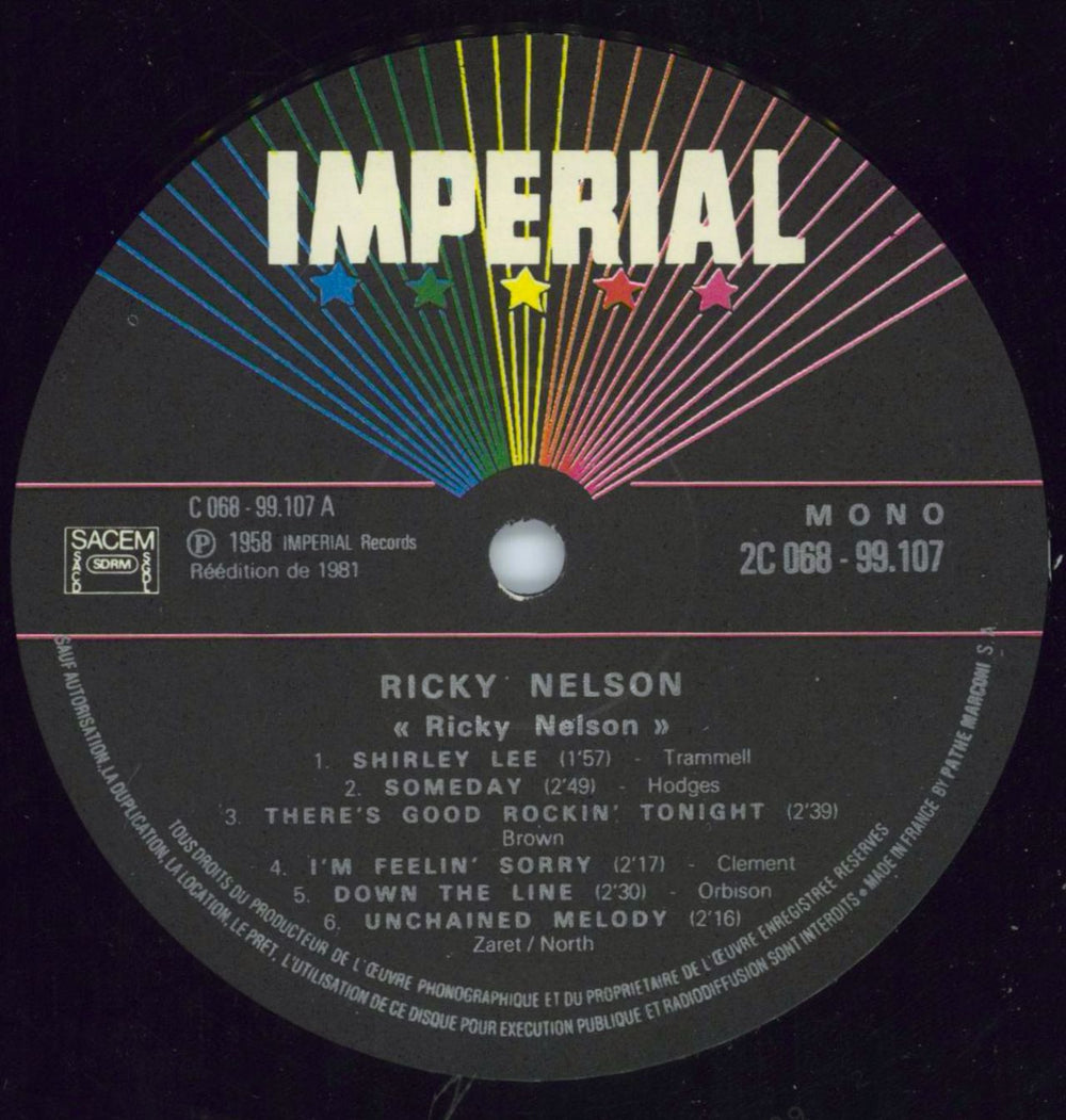 Ricky Nelson Ricky Nelson French vinyl LP album (LP record) R-NLPRI800912