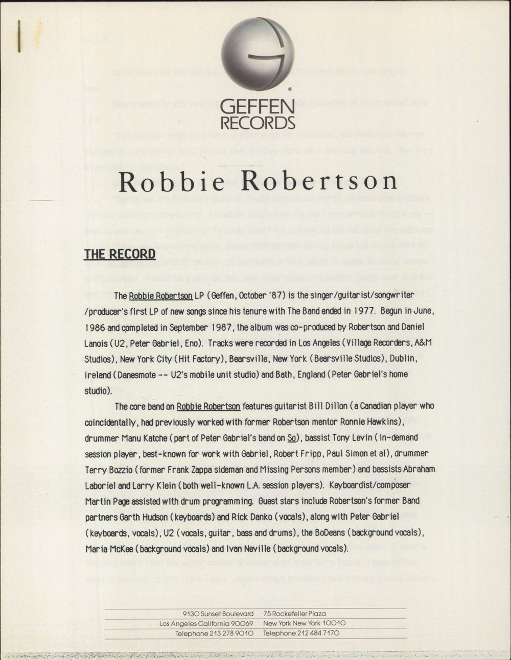 Robbie Robertson Robbie Robertson - Gold Stamped Sleeve + Press Kit US vinyl LP album (LP record) 1987