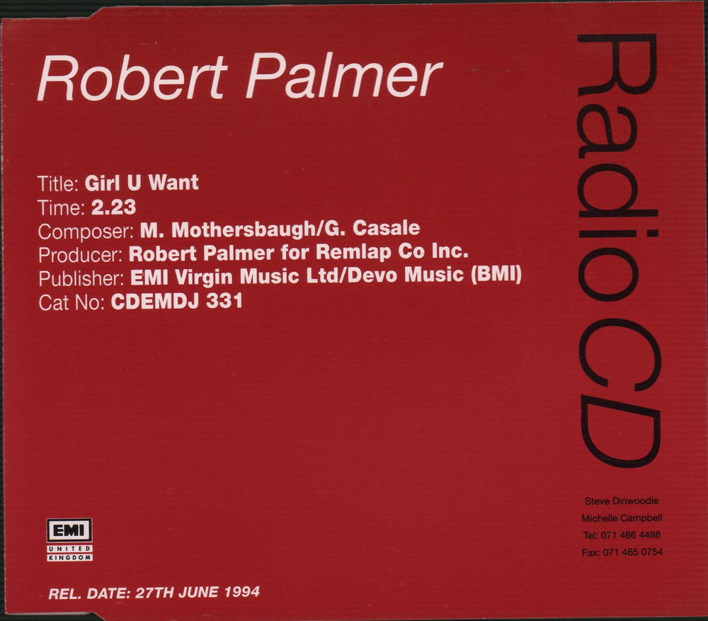 Robert Palmer Girl U Want UK Promo CD single (CD5 / 5") CDEMDJ331