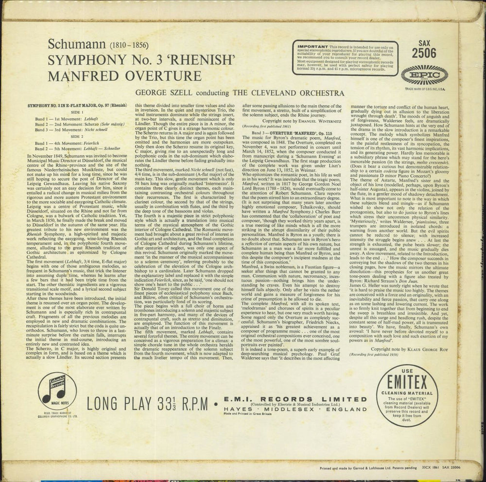 Robert Schumann "Rhenish" Symphony No. 3 In E Flat Major, Op. 97 UK vinyl LP album (LP record)