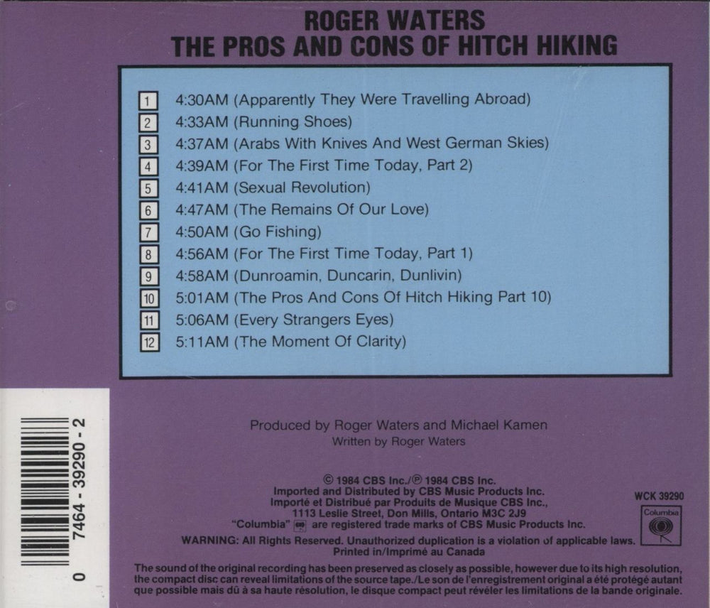 Roger Waters The Pros And Cons Of Hitch Hiking Canadian CD album (CDLP) 074643929028