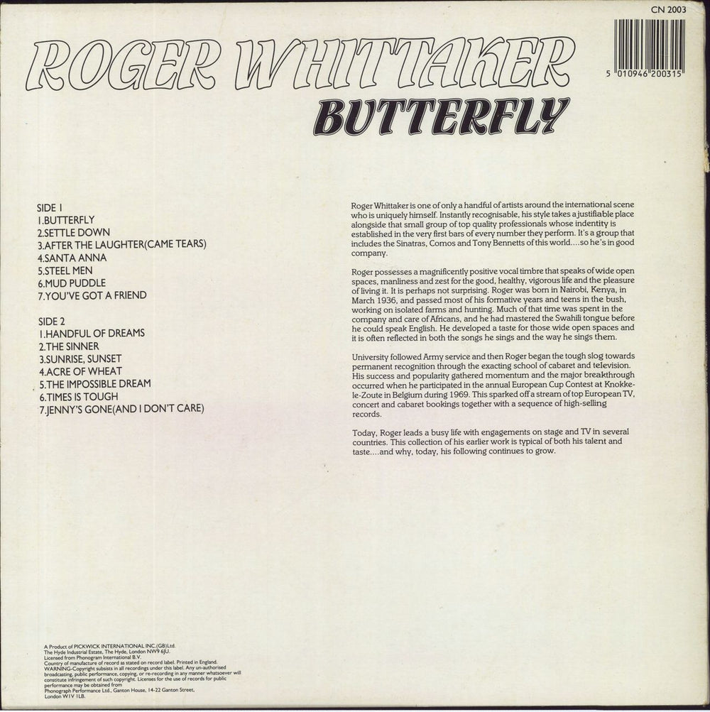 Roger Whittaker Butterfly UK vinyl LP album (LP record)