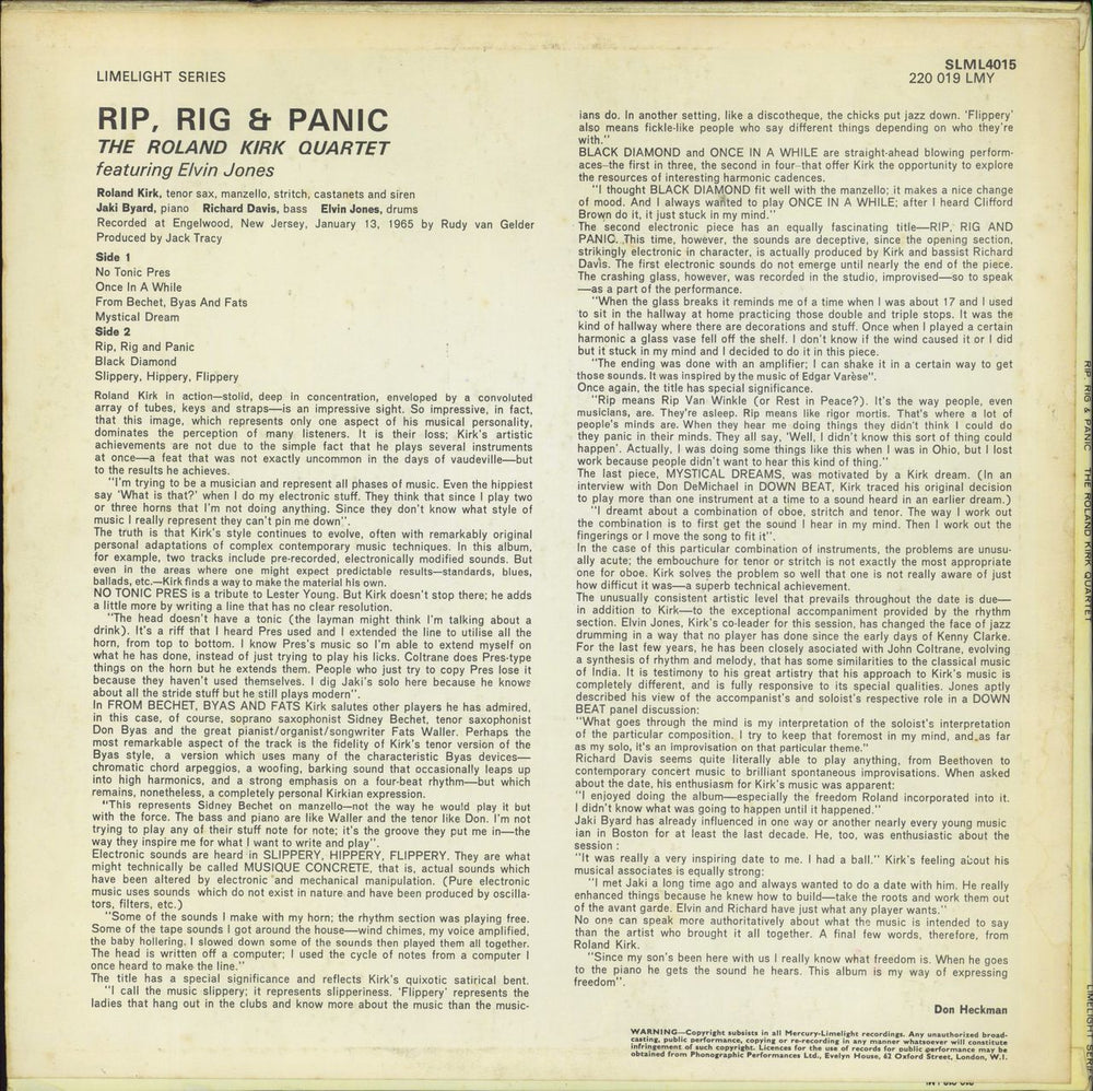 Roland Kirk Rip, Rig & Panic UK vinyl LP album (LP record)