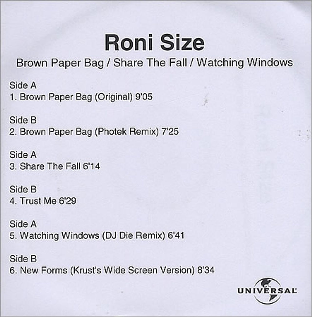 Roni Size Reprazent Brown Paper Bag/Share The Fall/Watching Windows UK CD-R acetate CD-R ACETATE