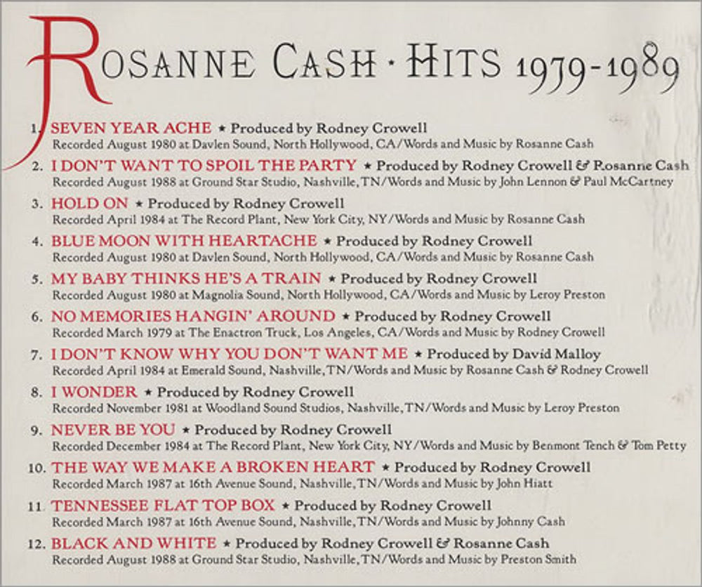 Rosanne Cash Hits 1979-1989 US Promo CD album (CDLP) R-CCDHI475747