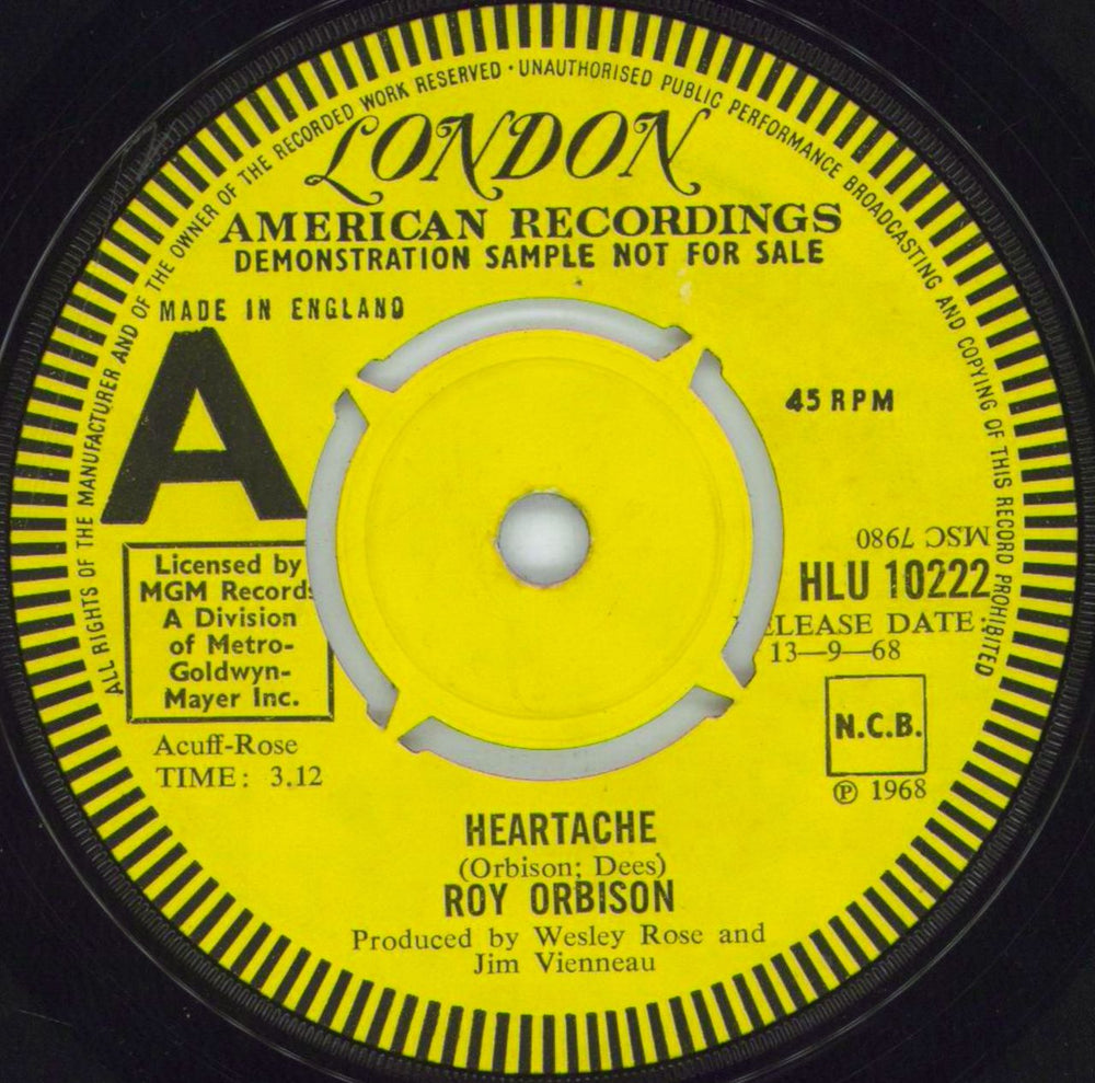 Roy Orbison Heartache UK Promo 7" vinyl single (7 inch record / 45) HLU10222