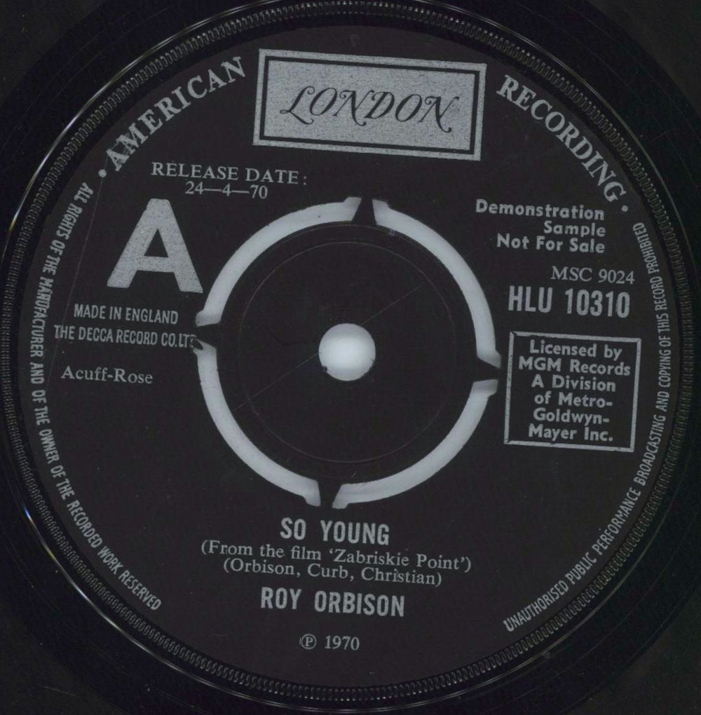 Roy Orbison So Young UK Promo 7" vinyl single (7 inch record / 45) HLU10310