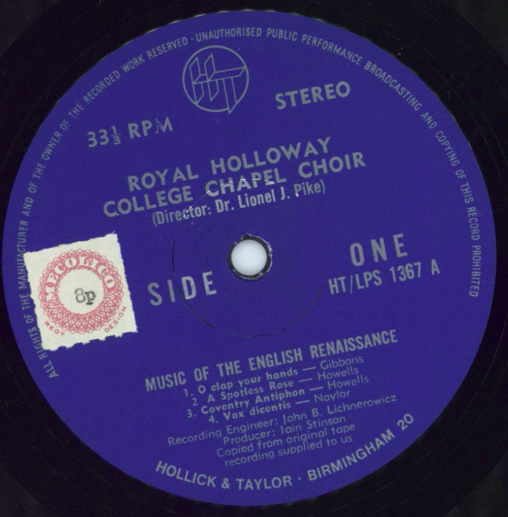 Royal Holloway College Music Of The English Renaissance UK vinyl LP album (LP record) HT/LPS1367