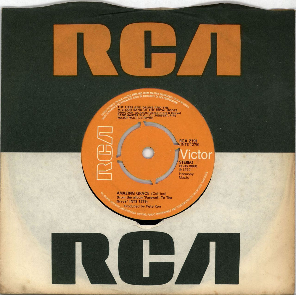 Royal Scots Dragoon Guards Amazing Grace - 4prong UK 7" vinyl single (7 inch record / 45) RCA2191