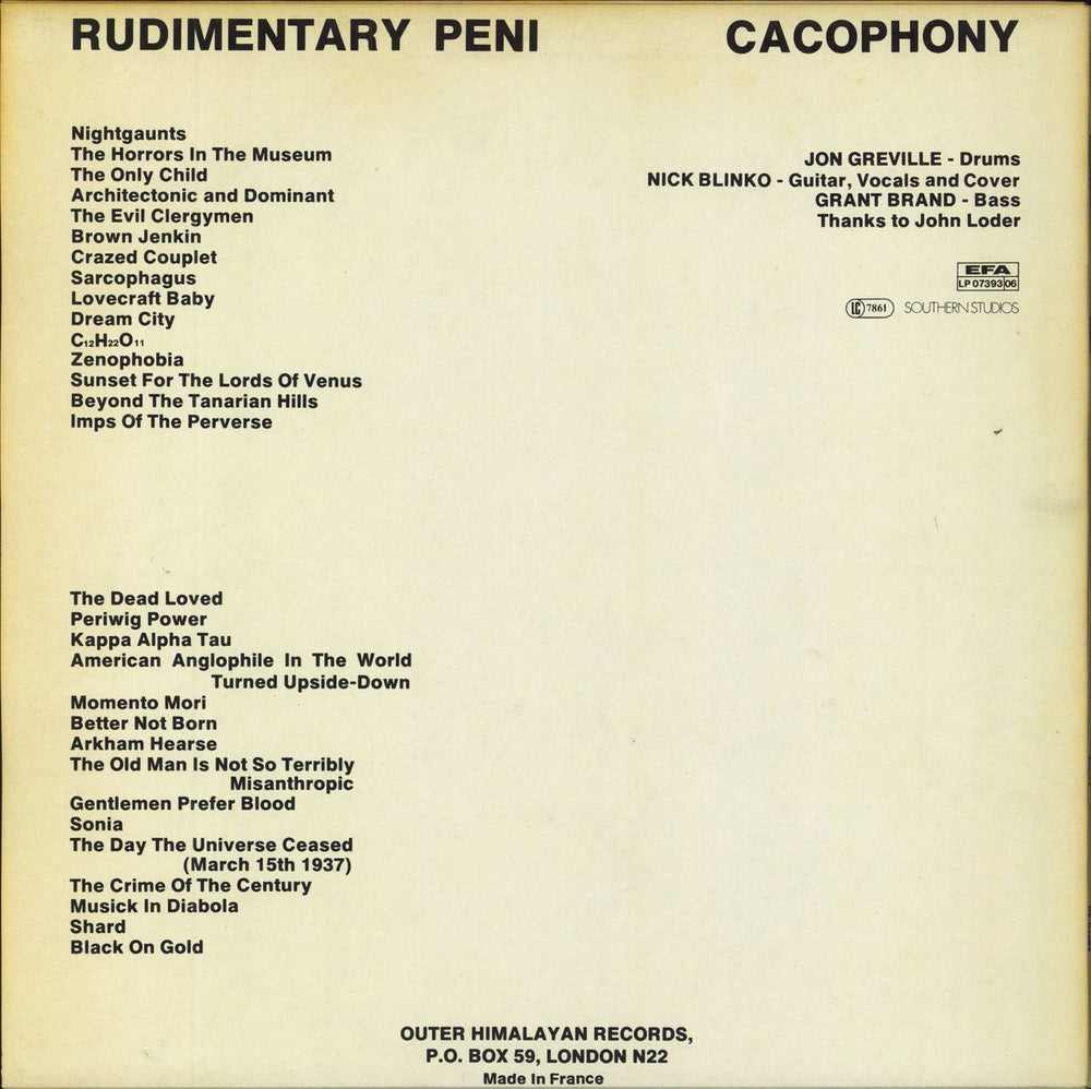 Rudimentary Peni Cacophony - EX UK vinyl LP album (LP record)