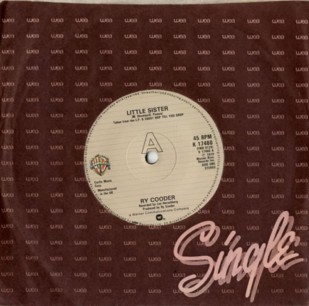 Ry Cooder Little Sister UK 7" vinyl single (7 inch record / 45) K17460