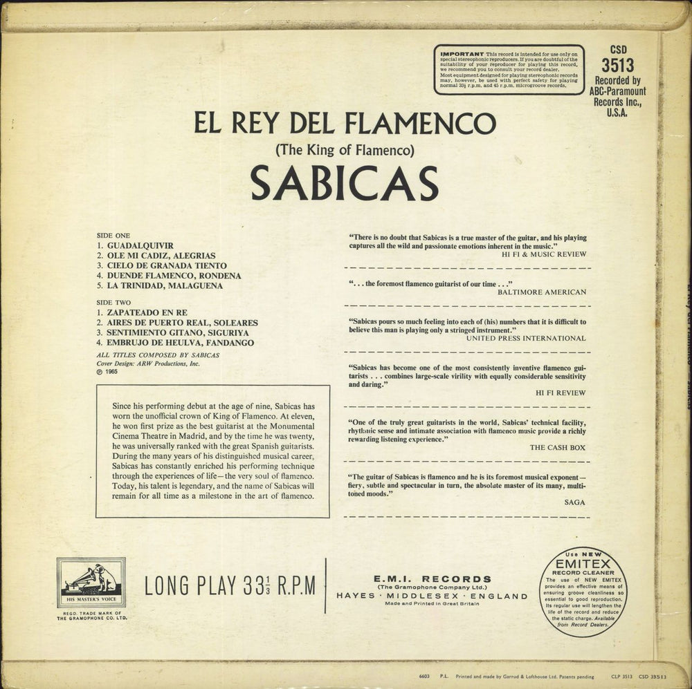 Sabicas El Rey Del Flamenco - Stereo UK vinyl LP album (LP record)