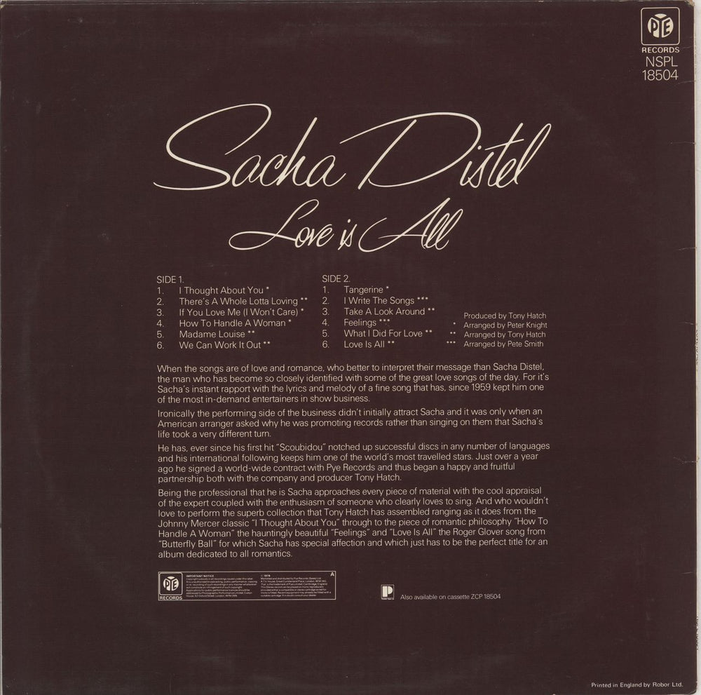 Sacha Distel Love Is All UK vinyl LP album (LP record)