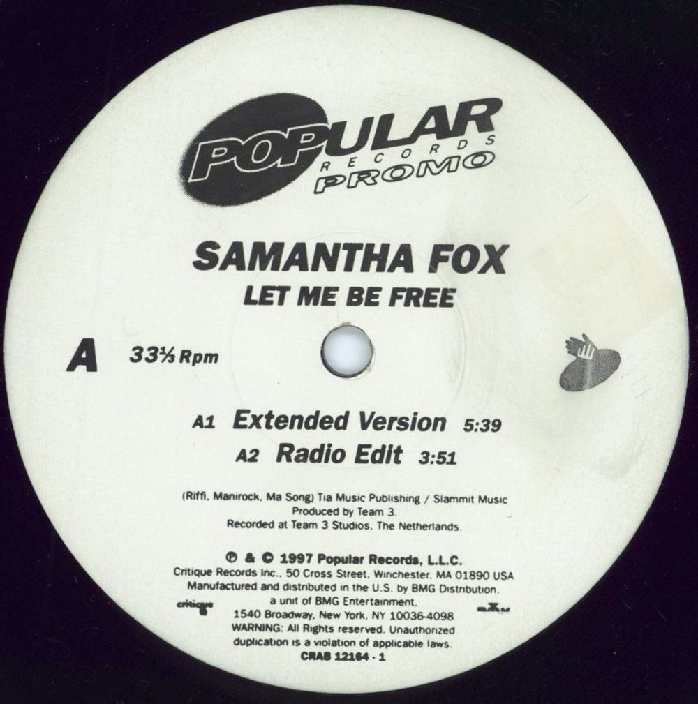 Samantha Fox Let Me Be Free US Promo 12" vinyl single (12 inch record / Maxi-single) CRAB12164-1